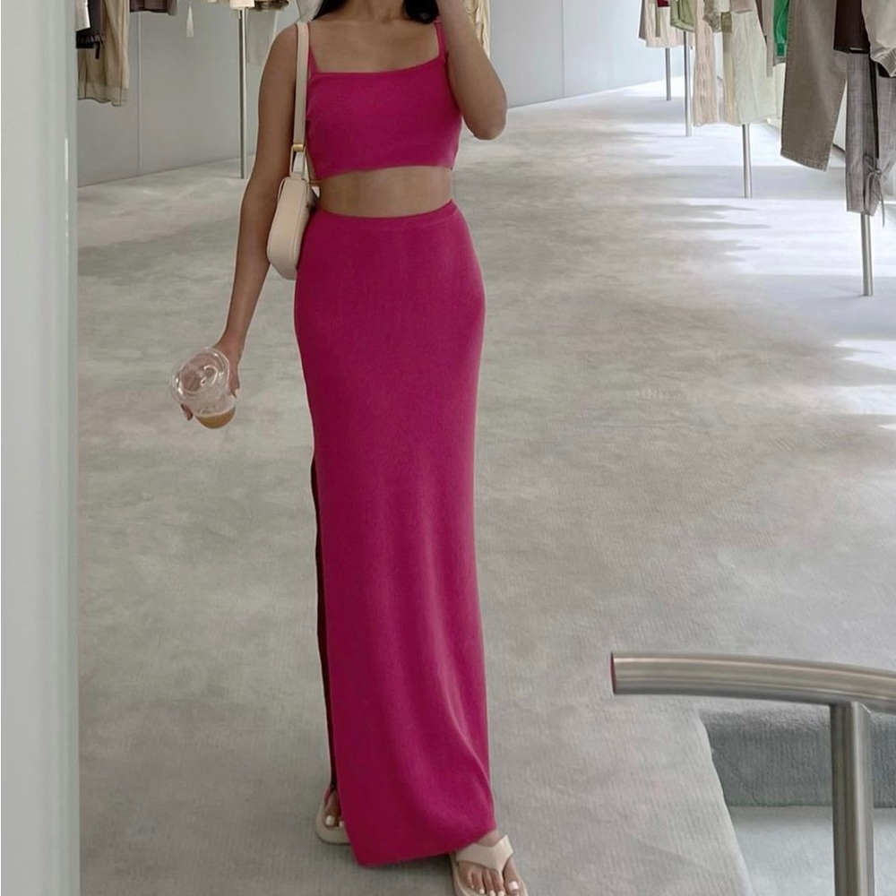 Glasson set- Side Split Knit Maxi Skirt and top in Pink
